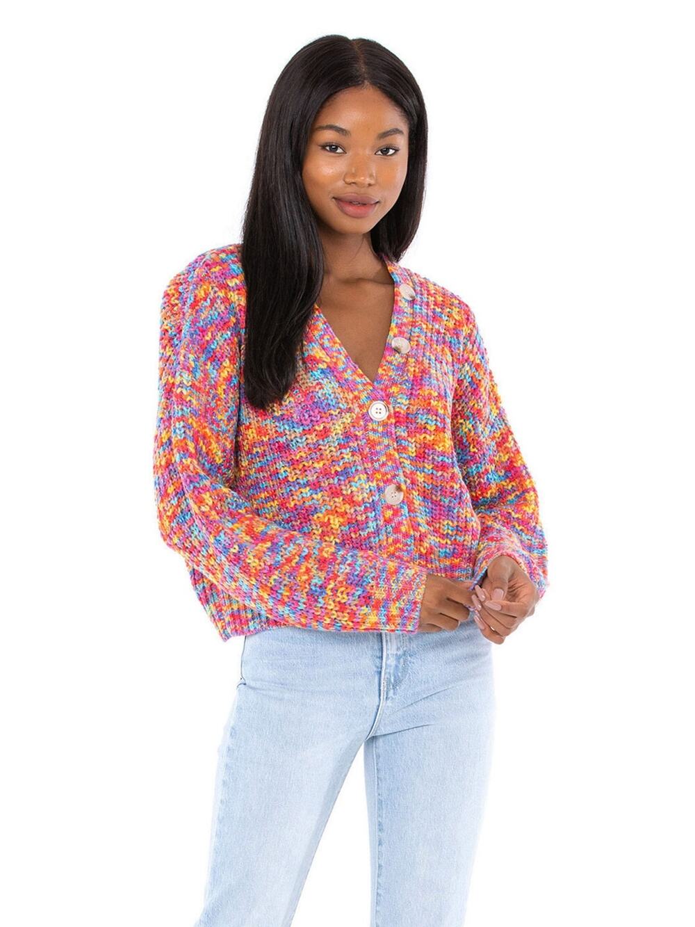 Line + Dot Bonnie Multicolor Rainbow Knit Button Front Cardigan Sweater Size M